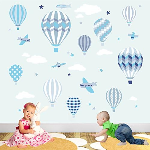 Hot Air Balloon Wall stickers, Jets and Planes, white clouds & stars. Kids Wall Decal. Baby Boys Decor, Turquoise Blue and Grey Nursery, Deluxe