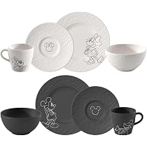Villeroy & Boch Manufacture Rock – Mickey Mouse – Frühstücks-Set, 8-teilig, schwarz/weiß, spülmaschinenfest & mikrowellensicher, Schieferoptik mit Mickey Mouse Kreidedekor, Premium Porzellan Küche, Haushalt & Wohnen