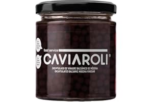 CAVIAROLI Perlas de vinagre di Módena Gourmet para Aliño o Decoración bote 200gs. Esferas de vinagre de Módena en su interior líquido, estallan en boca cuando se muerde. Color oscuro, sabor a vinagre de Módena.