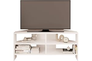 Bimossa Roy Corner TV Stand – Space-Saving TV Unit for 43–48'' TVs, Compact Media Console with Open Shelves & Cabinet, Ready to Assemble, (White)