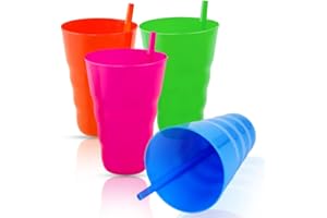 NCS35® Drinking Glasses Toddler Sippy Cup 4 Pcs Kids Coloured Plastic Tumblers with Built-in Straw No Spill, Dishwasher Safe Glassware for Water, Juice, Milk, Cocktail Baby (Multicolour Tumblers)