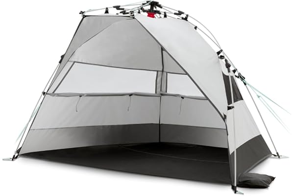 qeedo Quick Bay Tente de Plage (UV80) pour 2 Personnes avec Roll-in-Bag, piquets en Plastique et Cordes d'ancrage - Protection Solaire pour familles, Enfants, bébés ou Chiens - Sandgrey