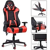 MC Star Chaise Gaming PC Racing Fauteuil de Gamer Siège de Bureau Ergonomique Dossier Haut Inclinable Réglables 14cm Éponge avec Coussin Lombaire et Appui-tête [Vitesse Rouge]