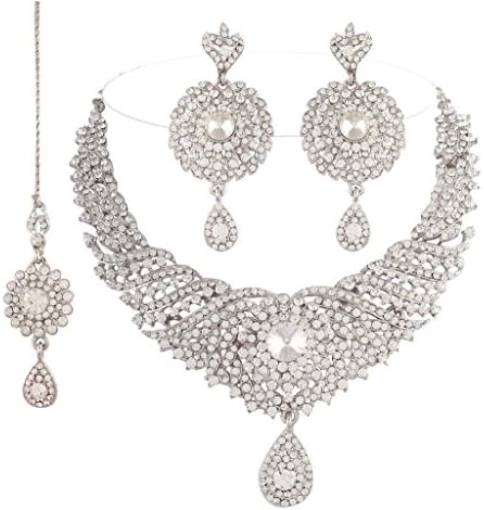 I Jewels Women's Cocktail Jewellery Ethnic Collection Rodium Plated Jewellery Set with Maang Tikka white