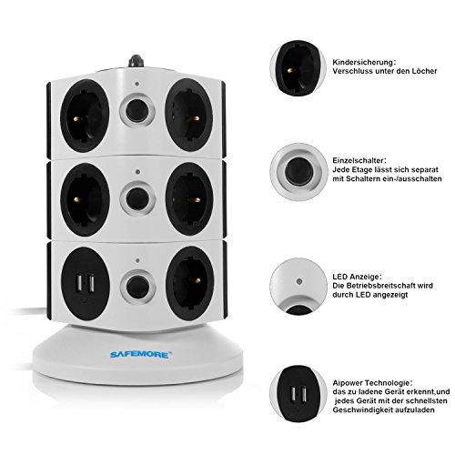 SAFEMORE Schaltbare 11 Fach Steckdosenleiste Mehrfachsteckdosen Steckdosenturm mit 2 USB Anschlüsse 2500W/10A Schwarz - 2