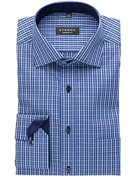 eterna Comfort Fit Herren Hemd blau kariert bügelfrei langarm Kent Kragen