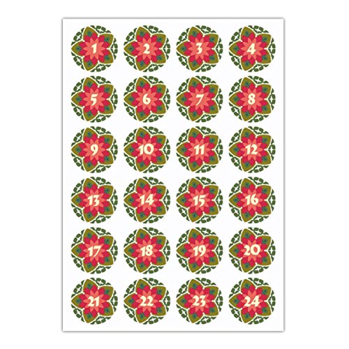 Download 24 art déco autocollants du calendrier de l'Avent avec les nombres 1 - 24 sur fleurs, rose, MAT étiquette adhésive en papier, labels, vignettes, stickers pour faire des calendriers de l'Avent, décorer des cadeaux de Noel, décoration du table, des paquets, lettres etc. (ø 45mm; 24 nombres)