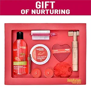 BodyHerbals Strawberry Essential Gift Set for Birthday, Anniversay & Wedding (Strawberry Shower Gel 200ml, Hand Scrub 100gms, Strawberry Bathing Bar 100gms, 2 In 1 Pumice Brush, Wooden Massager, Bath Puff, 2 Tea Lites) Bath & Body Set
