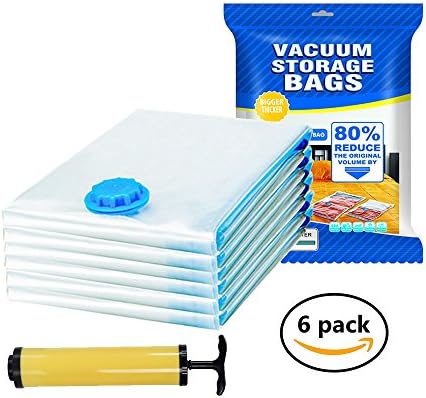 Homyhoo PET+PE Material Vacuum Storage Bags Jumbo Large Size (6 Pack 100 x 80 cm) + FREE Hand-Pump, Reusable Space Compression Sealer Bags for Travel n Storage (Double Zip No Leak