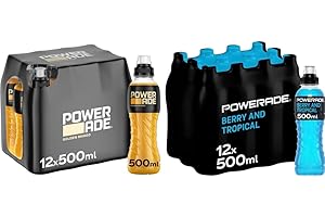 WOWBOXME Powerade Sports Drink Mixed Pack of 24x500ml (12x500ml Berry and Tropical & 12x500 Golden Mango)