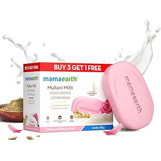 Mamaearth Multani Mitti Moisturizing Lotion Soap with Multani Mitti & Rose for Oil Control & Acne (3 + 1 Free) (125 gm x 4) | Benefits of Lotion | Dee