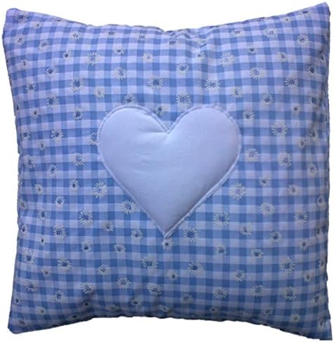Pale Blue Gingham with White Cotton Heart Cushion Cover - Shabby Chic