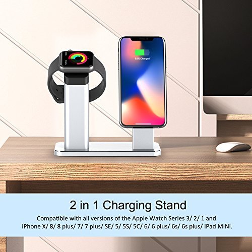 Yootech Apple Watch Stand, 2 in 1 Charging Dock for Apple Watch Series 3/2/1, iPhone X/8/8Plus/7/7Plus/6s/6s Plus, Silver Aluminum Stand Holder for iPhone and Apple Watch