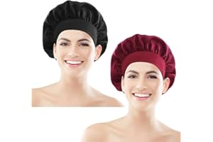 HEQISHUN 2 Pcs Cuffia Seta Capelli Ricci, Cappello Da Notte Donna Elastico, Cuffia In Seta Per Dormire Vino Rosso e Nero, Cuffia Seta Capelli Notte Donna