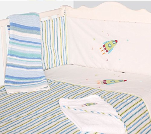 Nursery Blue Space Rocket Baby Bale Bedding Set Nautical Stripe Print Reversible Cot Quilt and Bumper Set - 100% Cotton Baby Cot Bed Set