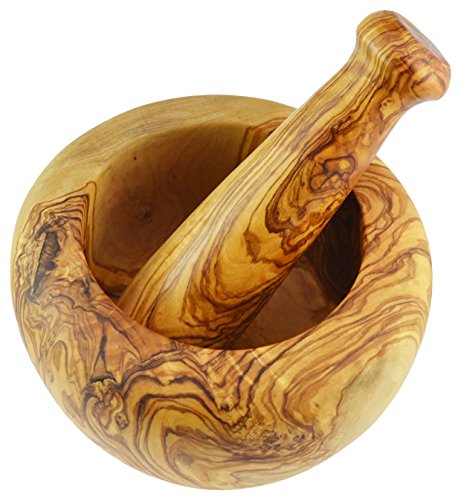 Olivenholz Mörser und Stößel, rund Stil, Korn/natur