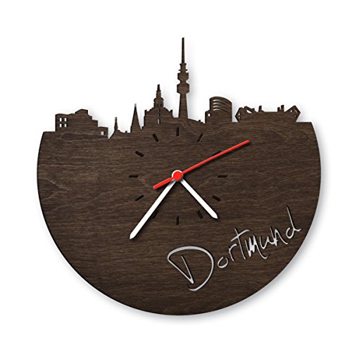 Skyline Dortmund Wanduhr aus Eichen-Holz geräuchert Made in Germany | Design Uhr aus Echtholz | Wand-Deko aus Eiche geräuchert | Originelle Wand-Uhr | Moderne Wand-Uhr im Skyline Design | Wand-Dekoration aus Natur-Holz