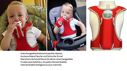 Hands free wearable on the go Baby Bottle Holder and Pacifier Holder. Stops bottles and pacifiers from being dropped and getting dirty. Encourages self feeding. Practical and innovative, a perfect gift for Baby or Babyshower for expectant Mum to be. Red