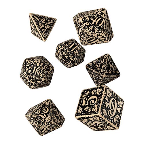 Q WORKSHOP Forest Engraved Beige & Black RPG Ornamented Dice Set 7 polyhedral Pieces