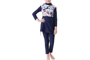 IBTOM CASTLE Muslim Swimwear for Girls Modest Swimsuits Long Sleeve Swim Top+Pants +Hijab Burkini Bathing Suits Kids Girls Swimming Costume Pakistan Dubai Middle East Surfing Outfit Rash Guard Beachwear