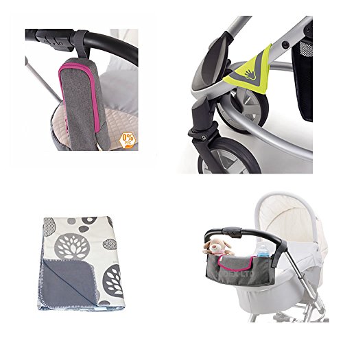 Pram Winter Accessories package ,Stroller organiser, Bottle bag, Reflectors and doomoo fleece blanket -Pink trim