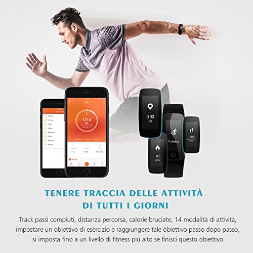 Mpow Fitness Tracker IP67, Braccialetti Fitness Contapassi da Polso Conta Calorie e Cardiofrequenzimetro, Bracciale Bluetooth Activity Tracker Impermeabile IP67 Fit Watch con Cardiofrequenzimetro Contapassi Pedometro, Orologio Fitness Donna Uomo 14 Sport ModalitÃ , Monitoraggio Calorie, Notifiche Chiamate/SMS/Whatsapp per Android e iOS, Nero