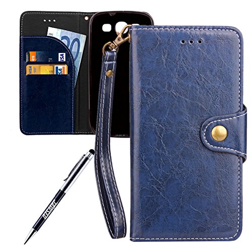 Galaxy S3 neo Case, Galaxy S3 Cover, JAWSEU [Shock-Absorption] Luxury Solid Retro Premium PU Leather Flip Cover for Samsung Galaxy i9300 Protector Skin with Soft Silicone Case Credit ID Card Slots Magnetic Closure Kickstand Strap Phone Pouch Smartphone Shell Protective Wallet Case for Samsung Galaxy S3 i9300 + Stylus Pen - Blue