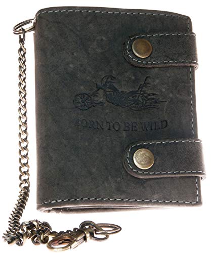 Born To Be Wild Billetera Gris Estilo Motero De Cuero Con Cadena De Metal Con Moto - 