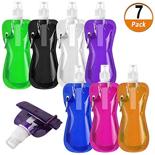 Heqishun 7 Pack Bouteille d'eau Pliable 480ml, Réutilisable Pliable Bouteille d'eau avec Clip Bouteille d'eau pour Le Voyage en Cours d'exécution Escalade de Camping et de randonnée (7 Couleurs)