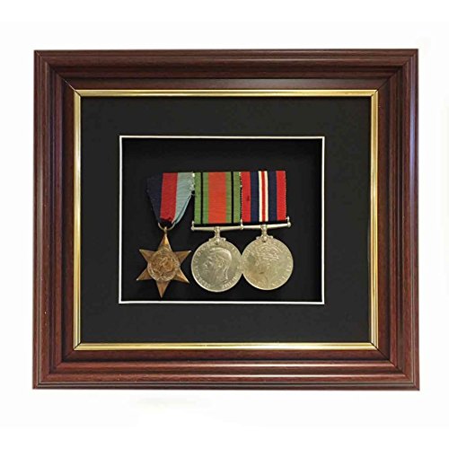 Kwik Picture Framing Ltd Medal Frame 3D Box Display Frame for World War Military Group Medal in Gold Line Brown Frame Black Mount - 3 Medal