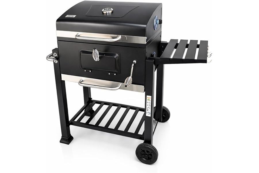 JARDIN202 - Barbacoa de Carbón Alabama Grande con Ruedas, Termómetro y Altura Ajustable | Parrilla Grill de Carbón con Carrit