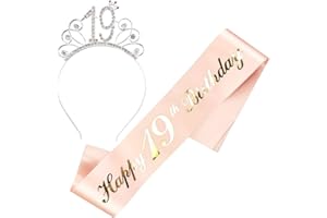 JKJF Happy 19° compleanno Sch?rpe 19° compleanno cristallo tiara strass corona cerchietto per donne donne compleanno decorazione festa accessori – oro rosa 2 pezzi