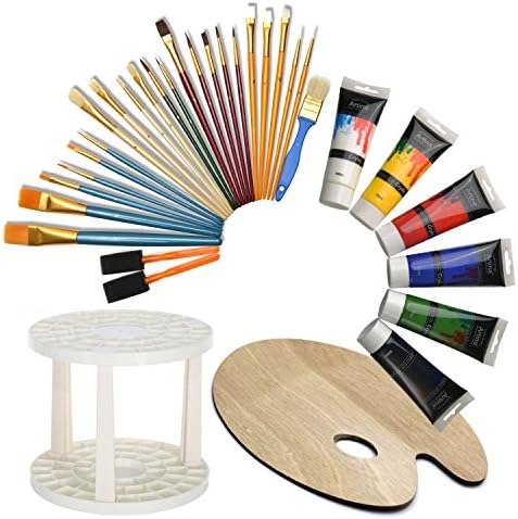 Artina Artist Painting Set - 6 Acrylic Paints, Brush Set, Brush Holder and Wooden Art Palette - Starter Kit