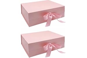 QIGEN LTD 2pcs Magnetic Gift Box with Ribbon,31 x22 x10 cm White Pink Gift Box Present Box for Christmas, Wedding,Birthday, Anniversary (Pink)