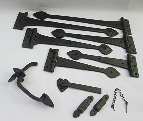Ironmongery WorldBlack Antique Gothic Old English CAST Iron Suffolk Cottage Latch + Spear Head Door GATE TEE T Hinges Hinges (12" INCH Hing + 7" INCH Thumb Latch)
