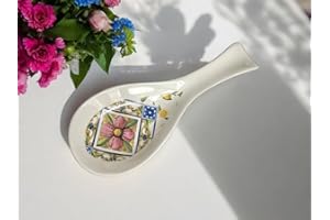 GMM Soporte para cucharón de cerámica, porta cuchera, accesorio de cocina, utensilios de cocina multiusos, con impresión mayólica tierra/sol, 26 cm (blanco/mayólica)