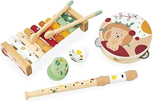 Janod - Set Musical 5 Instruments en Bois Sunshine - Instrument de Musique Enfant - Jouet d'Imitation et d'Éveil Musical - Peinture à l'Eau - Dès 18 Mois, J07615