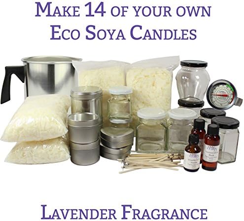 Ultimate 14 Mixed Container FULL Candle Making Kit - Makes 14 Jar &amp; Tin Container Eco Soya Candles, Easy to Use with Wax Melting Pitcher, Candle Makers Thermometer &amp; Full Instruction Booklet Supplied - Our Family Crafts (Apple) … (Lavender)