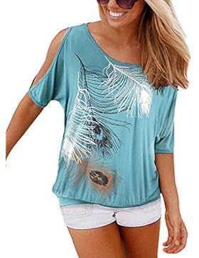 Yidarton Sommer Frauen Bluse weg von der Schulter Short Sleeve Feder Druck Muster Jumper Tops Pullover T-Shirt