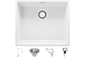 Fregadero bajo Encimera 56 x 47 cm, Fregadero Granito Un Seno + Grifo + Sifón Clásico, Fregadero Cocina London 60 de Primagran, Blanco
