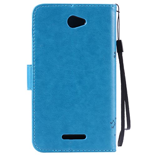 Sony Xperia E4 Hülle, Feeltech Premium Design PU Leder Beschützer Haut Schutzfolie Tasche, Geprägte Baum Katzen Schmetterlings Blumen Muster [with Free Stylus Pen] Kartenfächer Kreditkarte Holder Stand Funktion Magnetverschluss Bookstyle Flip Wallet Handyhülle für Sony Xperia E4 – Blau - 3