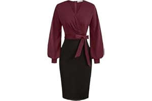 GRACE KARIN Femme Travail Robe de Cocktail Col en V Manches Longues Crayon avec Ceinture élégante