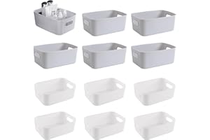 GAOHAN 12Pcs Plastic Storage Basket with Handles, Plastic Storage Boxes Small,Mini Storage Boxes Rectangle,for Shelves, Kitchen, Office, Fridge, Bathroom and Home