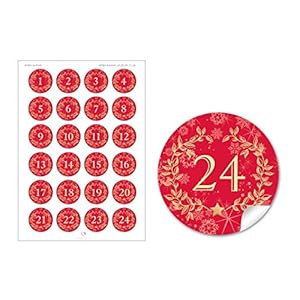 Lot de 2 planches de 24 pièces : 2 x 24 chiffres de l'Avent en rouge avec couronne de Noël et chiffres 1-24 en "Look rétro" pour un calendrier de l'Avent à construire soi-même, autocollants de Noël autocollants, format 4 cm, ronds, mat