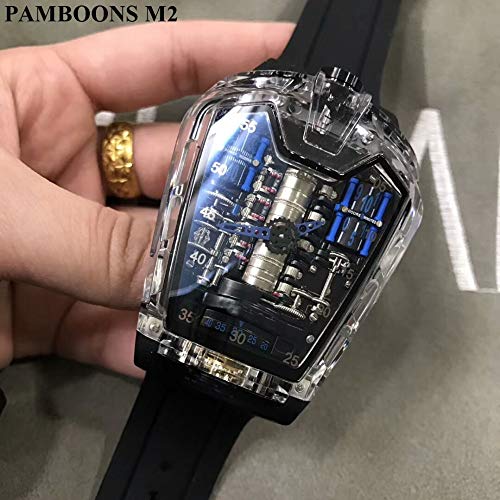 Preisvergleich Produktbild CWTCHY Herrenuhr schwarz Gummi Saphirglas automatische mechanische blau Tourbillion Kalender Uhren