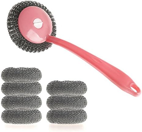 DAHEHENG 1Set of Assembly Multipurpose Stainless Steel&amp;Plastic Wire Scrubbers(2PCS),For Scouring Kitchen, Dishwashing, Cleaning，Nylon Mesh Scrubbing Scrubbies (Pink)