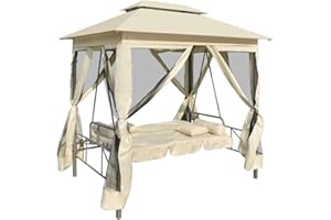 KOIECETA Cenador convertible, banco balancín de jardín con función de cama, columpio Hollywood, columpio colgante, techo función de cama, muebles de jardín (blanco crema)