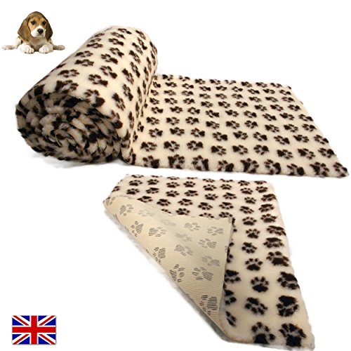 VET-BED-for-Dogs-Bedding-Fleece-Bed-Cream-with-Brown-Chocolate-Paws-Non-Slip-Vet-Bedding-Puppies-whelping-Dry-Bed