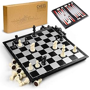 Gibot Ajedrez Magnetico, 3 en 1 Juego de Tablero Ajedrez Damas y Backgammon, Tablero Ajedrez de Viaje Plegable y Portátil, Chess Board, Ajedrez para Niños y Adultos Blanco y Negro 32×32 cm
