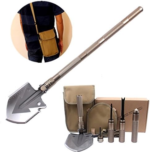 HEANTTV Survival Shovel Kit with Multi Tools Compass Knife Saw Firestarter Screwdriver Attack Cone, Compact and Portable Folding Shovel Bonus Carrying Bag and Survival tools